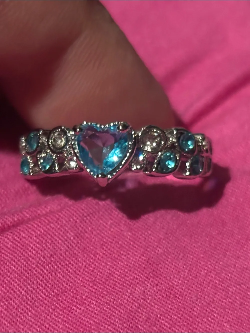Size 11 Heart-Cut Blue Stone Silver-Tone Ring with Clear Accents